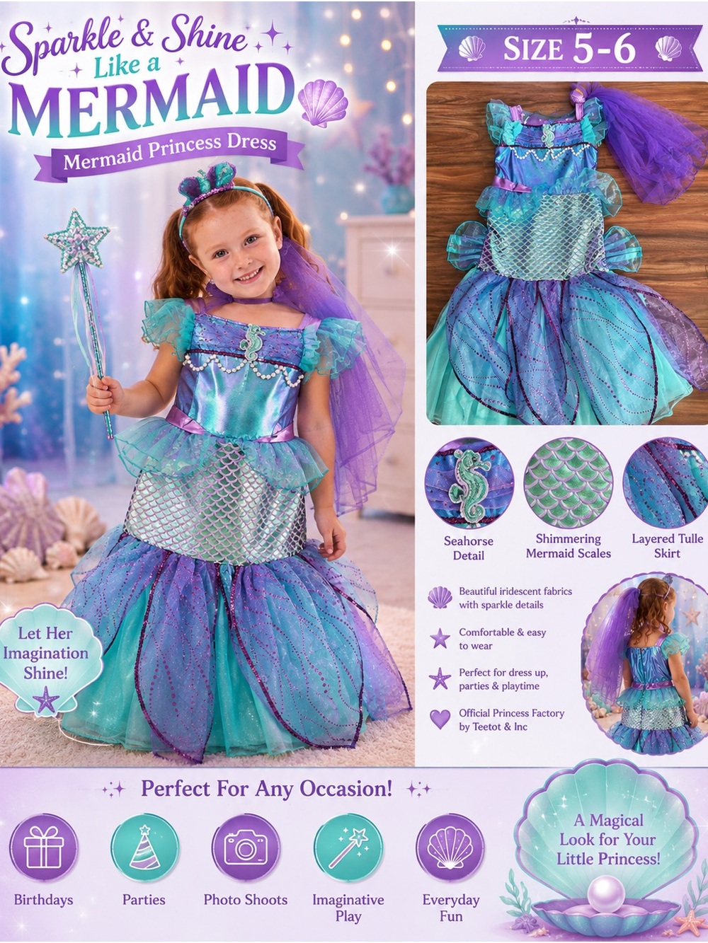Sparkle & Shine Mermaid Princess Dress Costume - Purple & Aqua (Size 5-6)